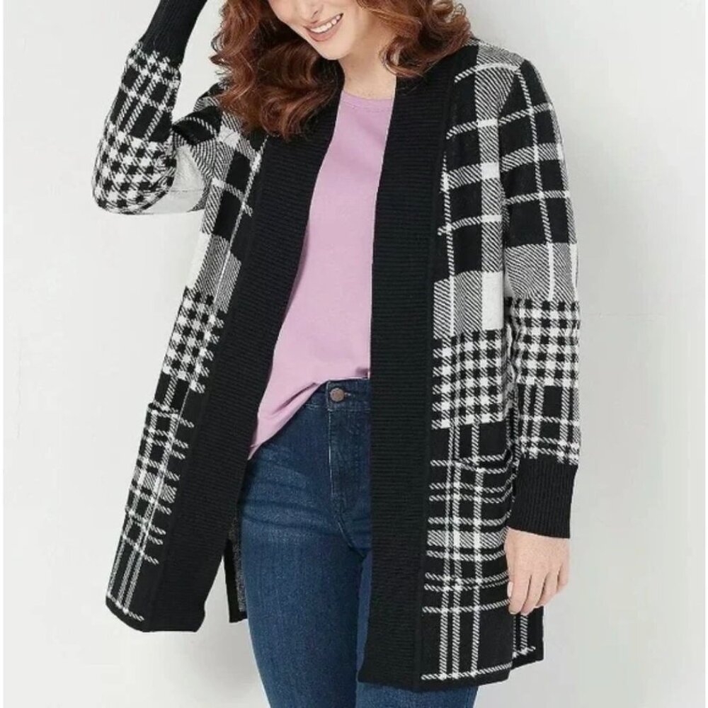 New Isaac Mizrahi Live! Black White Plaid Jacquard Open Cardigan Sweater 1X